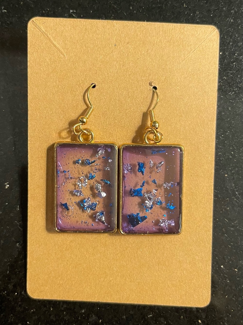 Handmade Purple Rectangle Drop Earrings with Blue Flakes